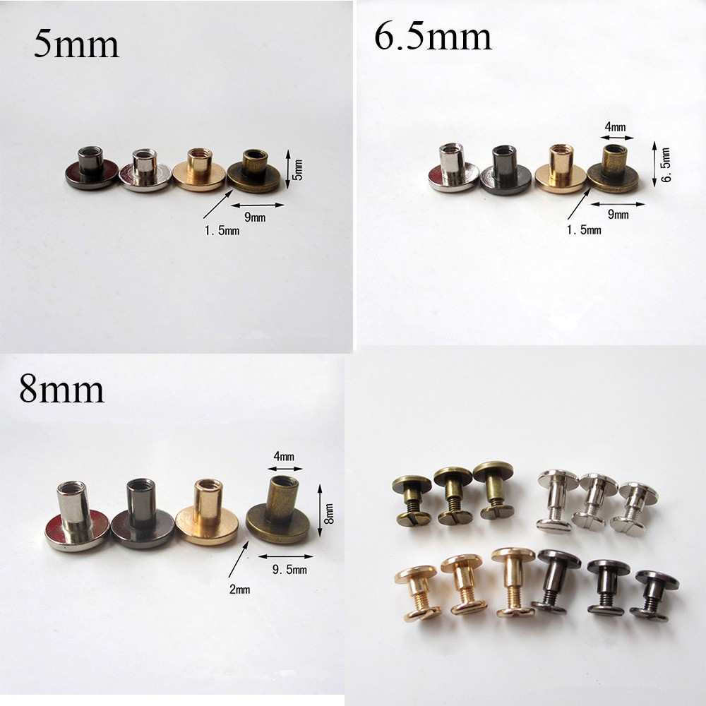 Bộ 10 đinh ốc và ốc vít đầu tròn cỡ 5/6.5/8mm làm đồ thủ công da/túi xách/sổ sách kế toán