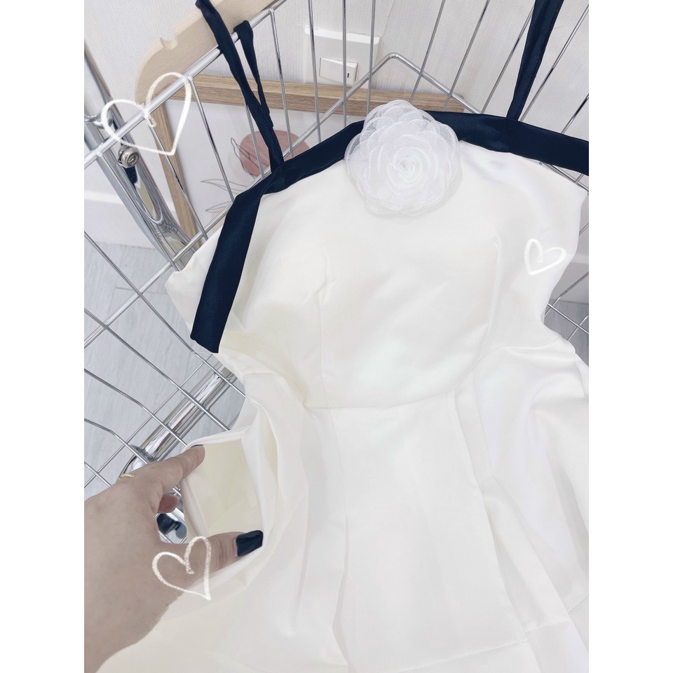 Váy đầm xòe 2 dây phối ren cổ cài bông ngực mẫu có mút ngực kèm phụ kiện phong cách tiểu thư thời trang hè cho nữ