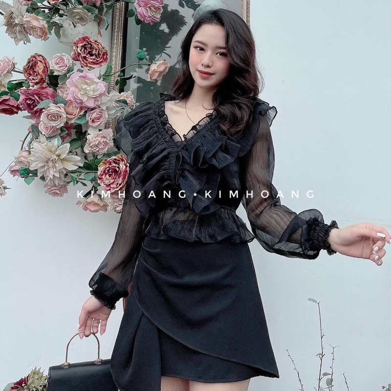 Áo sơ mi tiểu thư nữ bèo nhún kiểu trễ vai tay bồng bánh bèo | BigBuy360 - bigbuy360.vn