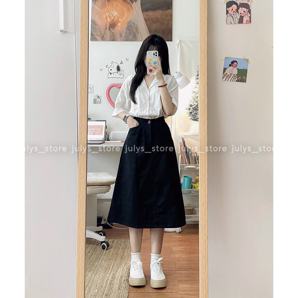Chân váy kaki dài dáng A lưng chun sau