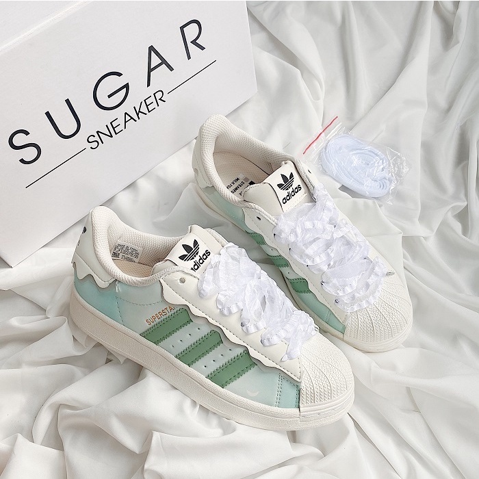 Giày thể thao adidas superstar hồng + xanh kem trắng, giầy das sò trắng kem cực chất hot trend 2023