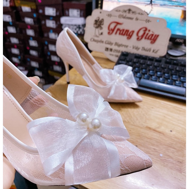 GIÀY CƯỚI NƠ MŨI ĐÍNH CƯỜM HÌNH SHOP CHỤP THẬT