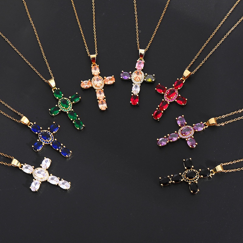 Vòng cổ Mặt Chữ Thập Đính Đá Zircon Màu Tím / Xanh Lá