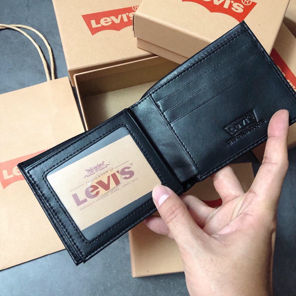 Ví nam đen trơn logo góc da đẹp có ngăn ảnh full box và túi giấy hãng