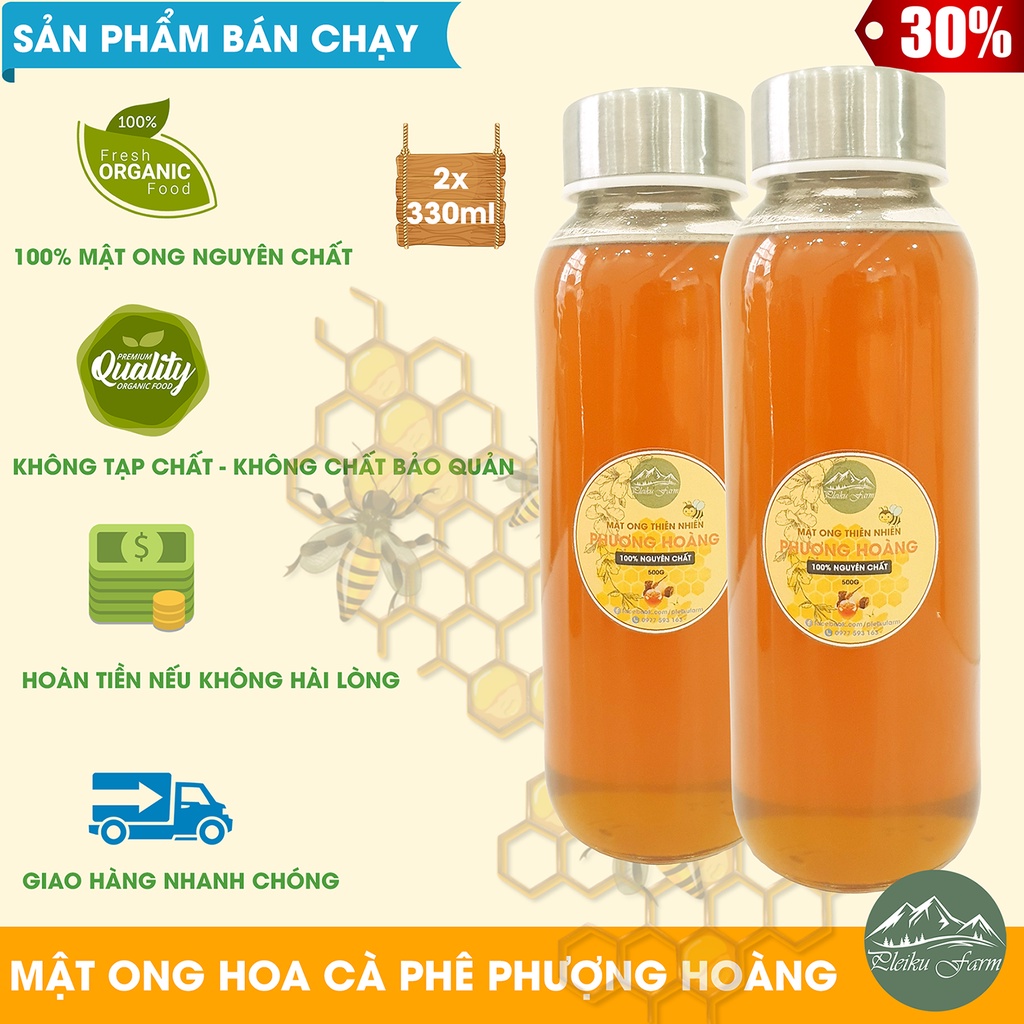 Mật ong nguyên chất cao nguyên Pleiku Gia Lai, 02 chai 330ml tương đương 1000gr - Mật ong Phượng Hoà