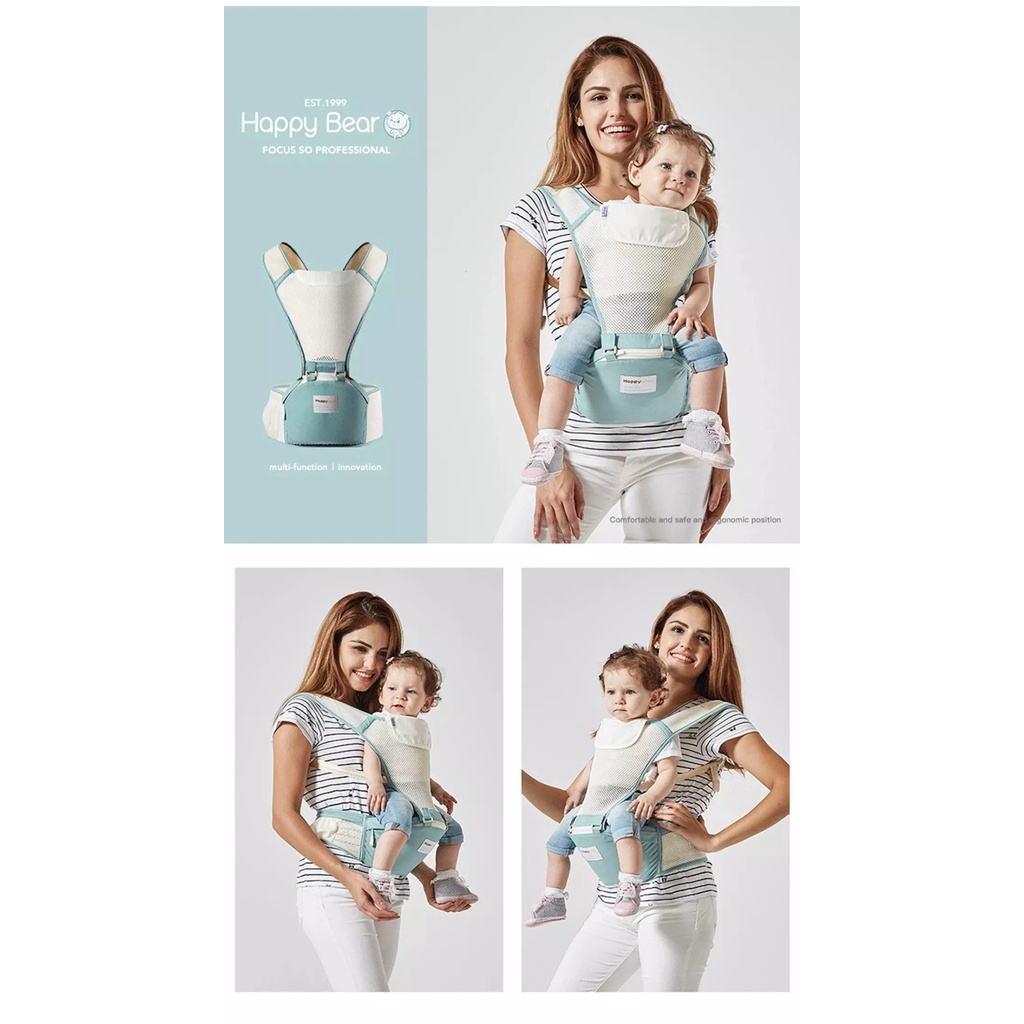 Địu Em Bé 6 Tư Thế HAPPY BEAR - Địu Em Bé Có Bệ Ngồi, Địu em bé trợ lực thoáng khí cho bé 3-36 tháng