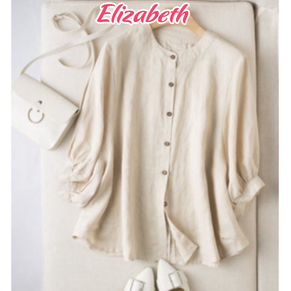 Áo sơ mi nữ cổ tròn tay lỡ form rộng bigsize Elizabeth chất liệu đũi tơ mềm nhẹ mát SMH.34