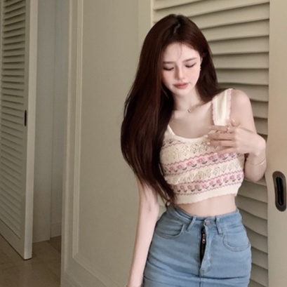 Áo Hai Dây Dệt Kim Họa Tiết Hoa Quyến Rũ Thời Trang Hàn Quốc Cho Nữ