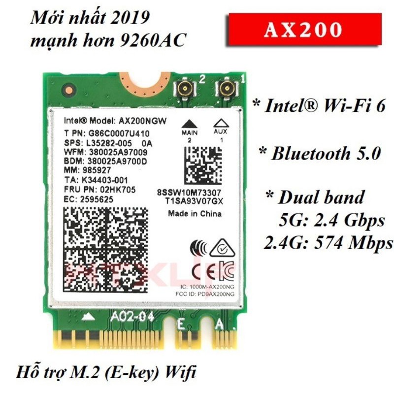 Car chuyển đổi không dây Wifi 6 Intel Ax200. Bluetooth 5.1 802.11ax 2.4Ghz/5Ghz. Băng tần kép