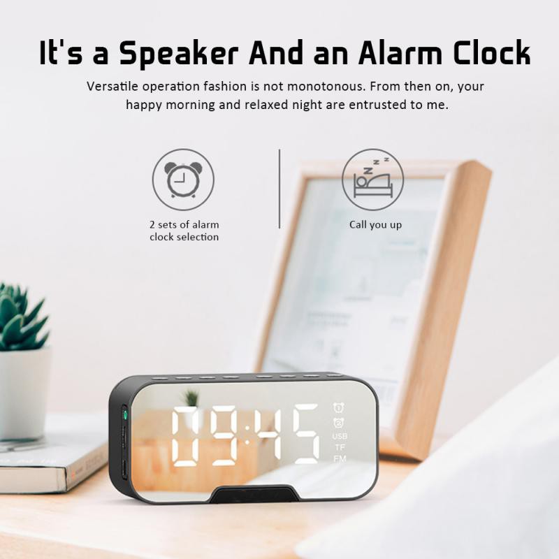 Loa Bluetooth không dây Đồng hồ Báo thức Đèn LED Gương TF Thẻ AUX Đài FM Phát Loa di động