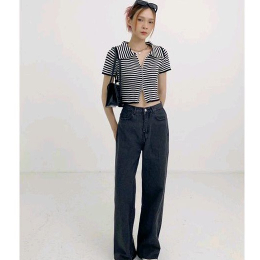 Áo croptop sọc cổ bẻ zip kéo (A15