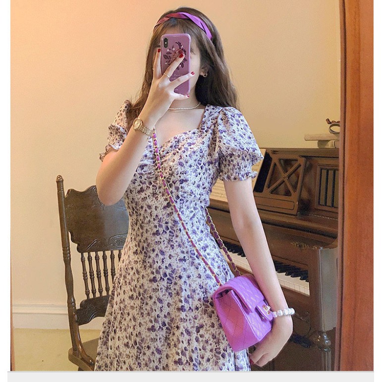 Váy nữ đẹp 🌈FREESHIP🌈váy hoa nhí tím dịu dàng tay bồng dáng dài xẻ tà siêu xinh