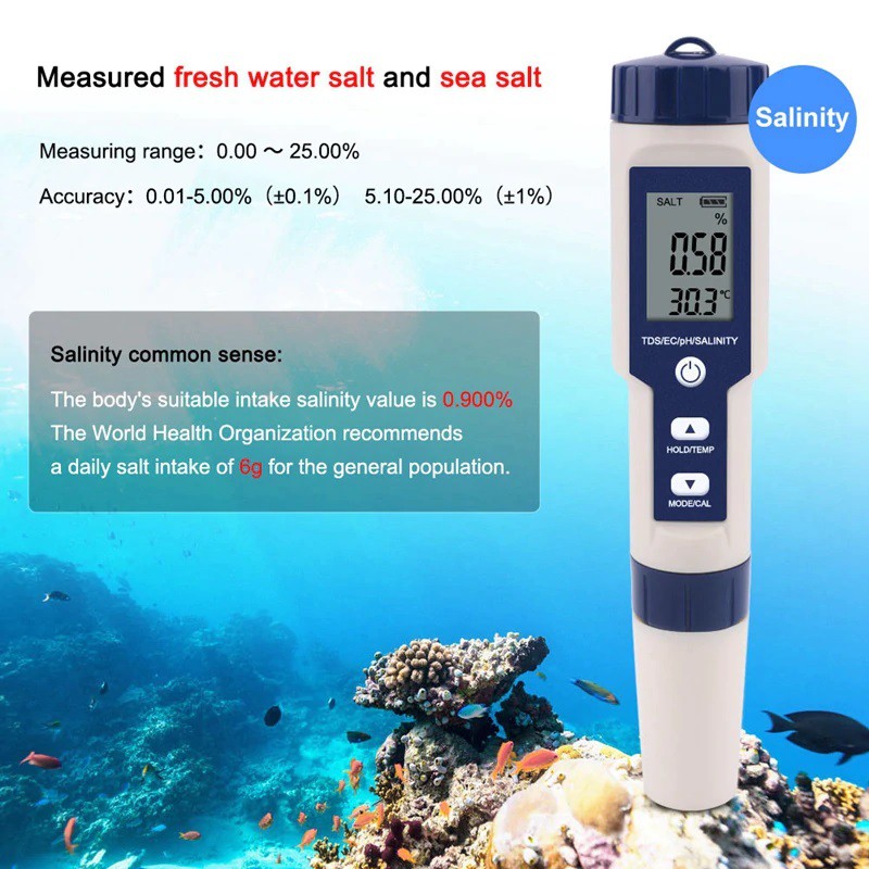 Máy đo độ mặn, pH, TDS, nhiệt độ nước thiết kế hiển thị kỹ thuật số tiện lợi (5 trong 1)