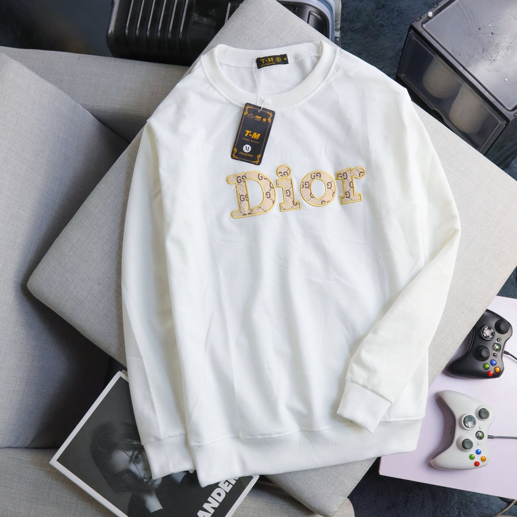 Áo nỉ cho nam, da cá cổ tròn, in chữ dior, màu trắng, chất nỉ cotton, co giãn, mềm mịn