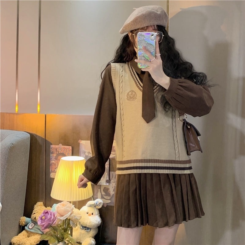 Set Áo Sơ Mi Dài Tay Cổ Chữ V + Đầm Len Dài Tay Cổ Bẻ Thiết Kế Mới Thời Trang Dành Cho Nữ