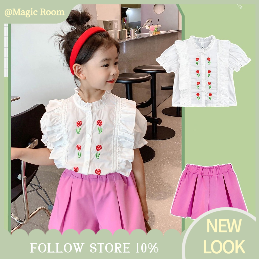 Babyfair. Bộ Áo Sơ Mi Tay Ngắn Phồng + Quần Short Thời Trang Mùa Hè Cho Bé Gái