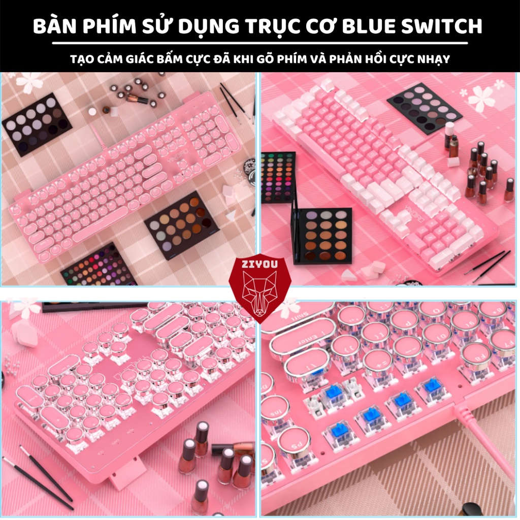 Bàn phím cơ gaming có dây ZIYOU T900 màu hồng cực xinh, có LED RGB 10 chế độ khác nhau, cho máy tính, PC, Latop