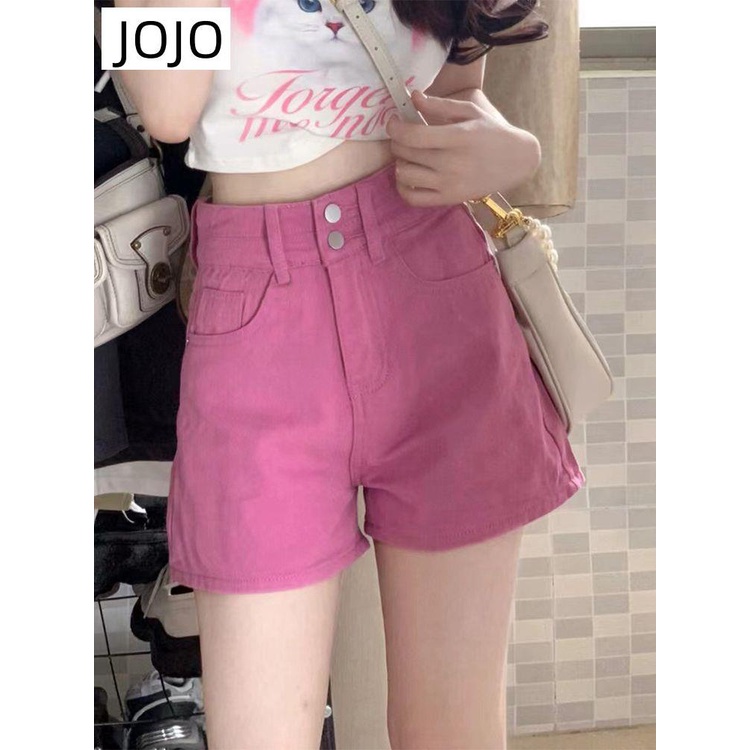 Quần Short Denim Lưng Cao Ống Rộng Màu Hồng Phong Cách Mới Cho Nữ