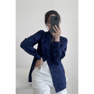 Áo sơ mi nữ cổ tàu xanh than đen phi bóng basic Ocean Harriet