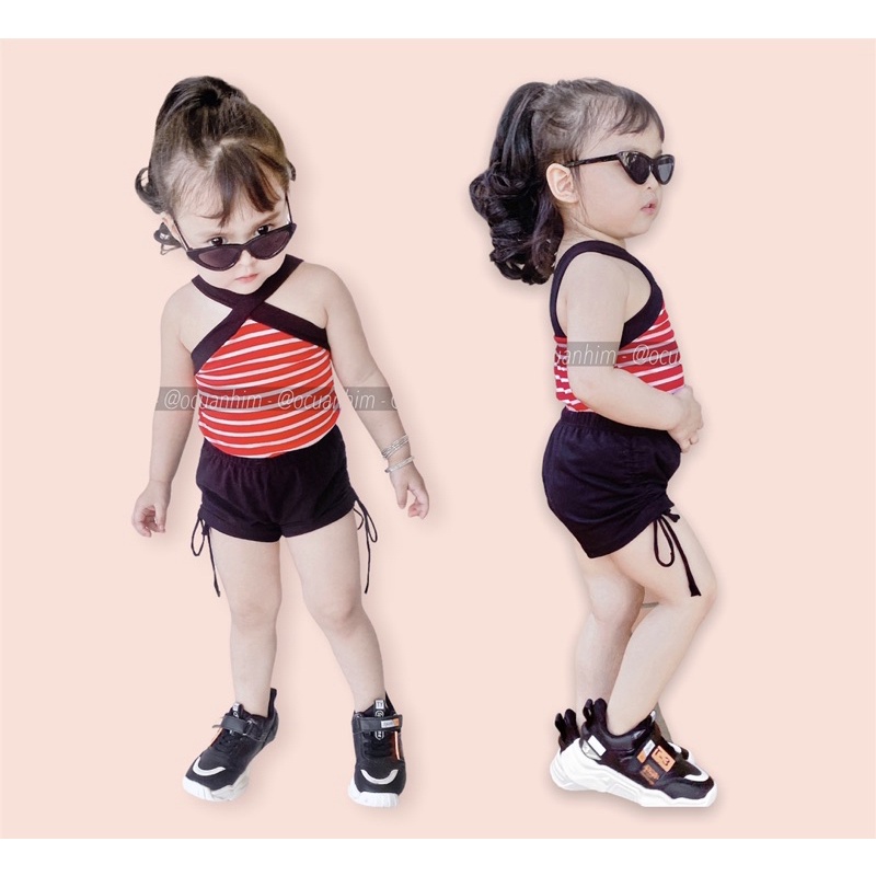 Set áo sọc cổ chéo kèm quần đùi dây rút cho bé ❤️