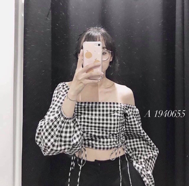 [SIÊU HOT] áo bệt vai caro dây rút bánh bèo chất vải kate mềm mịn_Kèm hình chụp