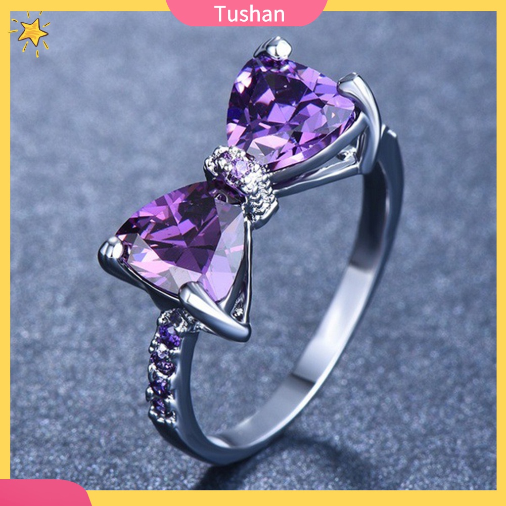 Nhẫn đính hôn hình nơ khảm thạch anh tím thời trang