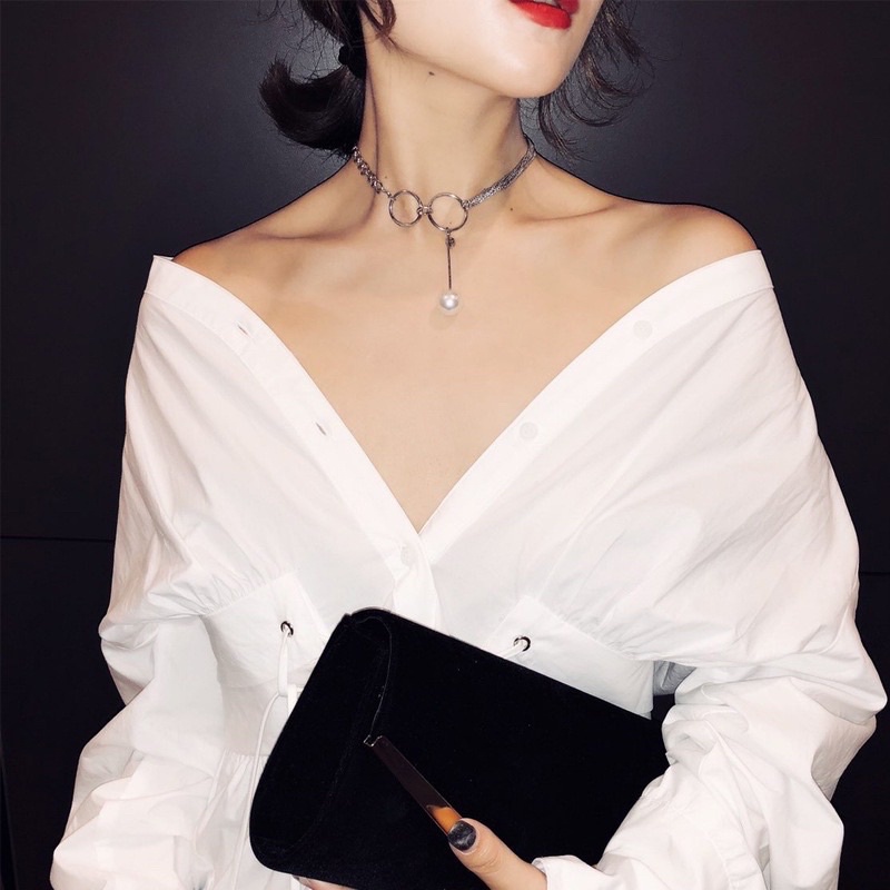 vòng cổ chocker mạ bạc cao cấp đính hạt ngọc nhân tạo phong cách hàn quốc TH91666