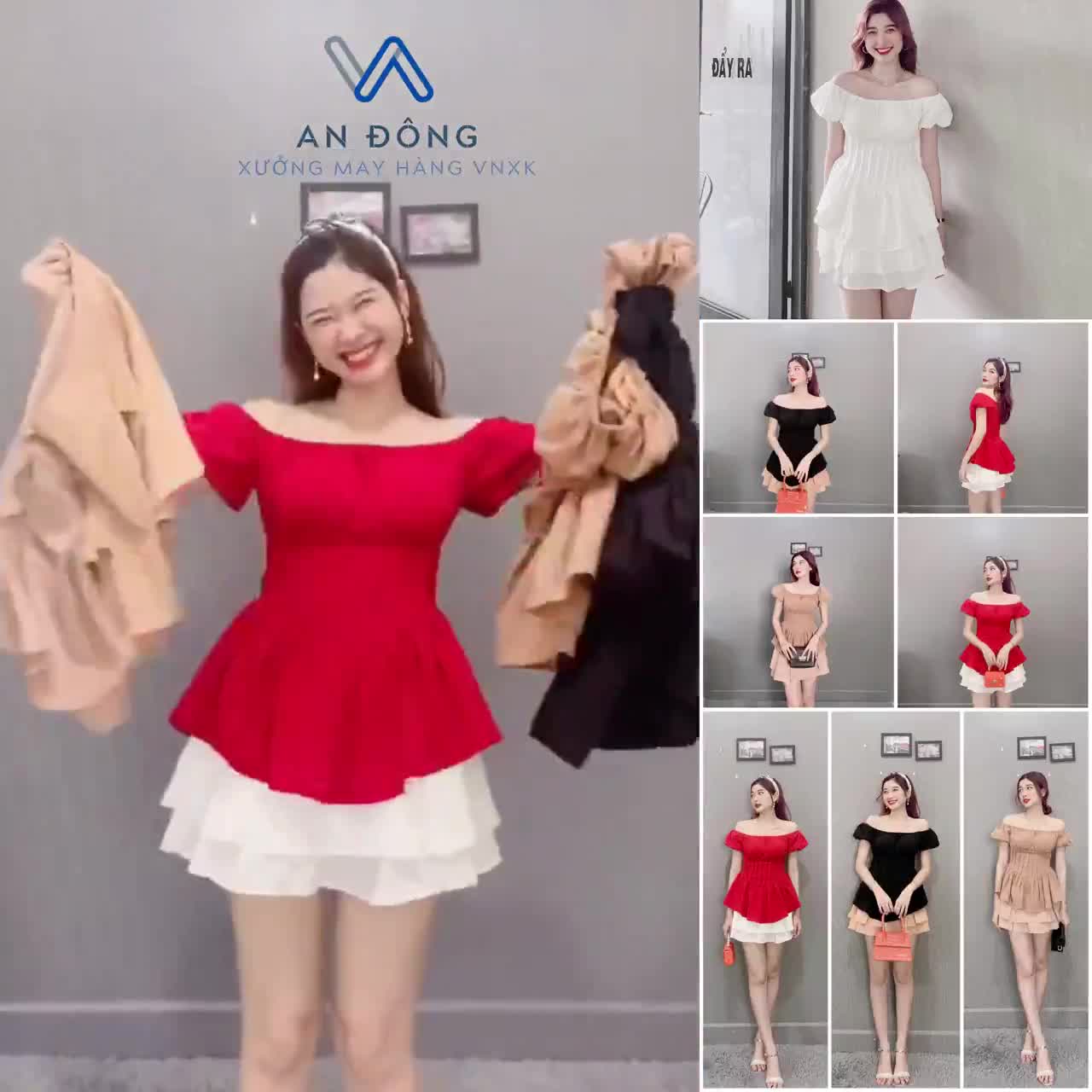 Set Áo Trễ Vai Tay Bồng Cúp Ngực Phối Chân Váy Xòe Xếp Ly 3 Tầng | BigBuy360 - bigbuy360.vn