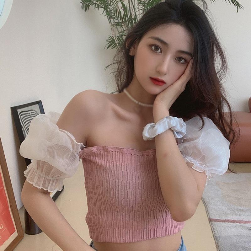 Áo Lửng Ngắn Tay Phối Lưới Phong Cách Hàn Quốc Dành Cho Nữ