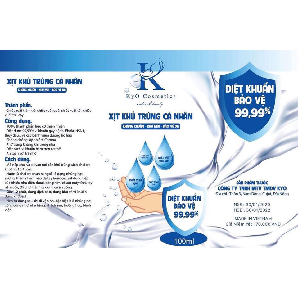 (Chai 100ml) Xịt kháng khuẩn và rửa tay khô Kyo Cosmetics | BigBuy360 - bigbuy360.vn