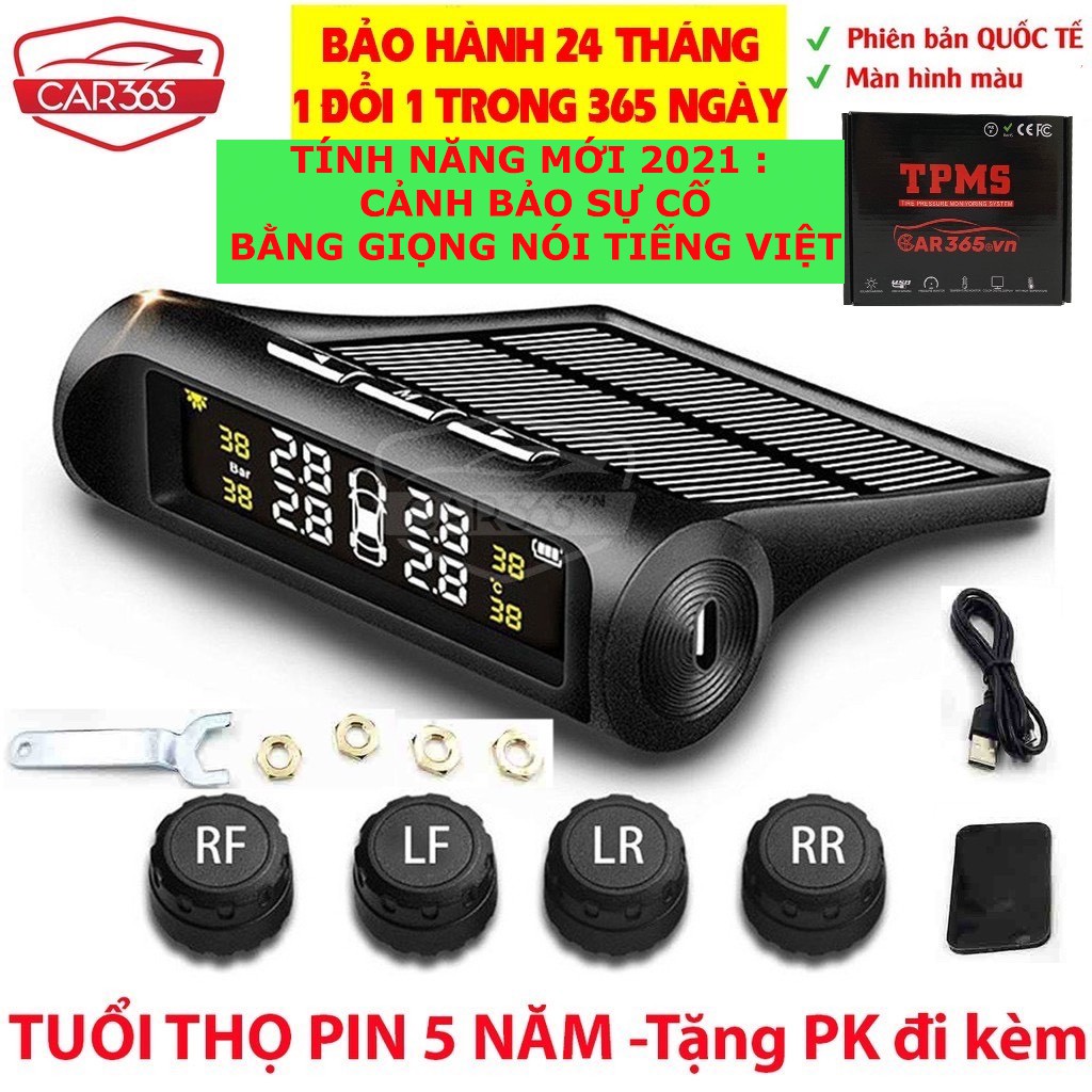 Cảm biến áp suất lốp ô tô xe hơi gắn ngoài cao cấp Car365, Pin sạc năng lượng mặt trời, màn hình LCD, tuổi thọ pin 5 năm