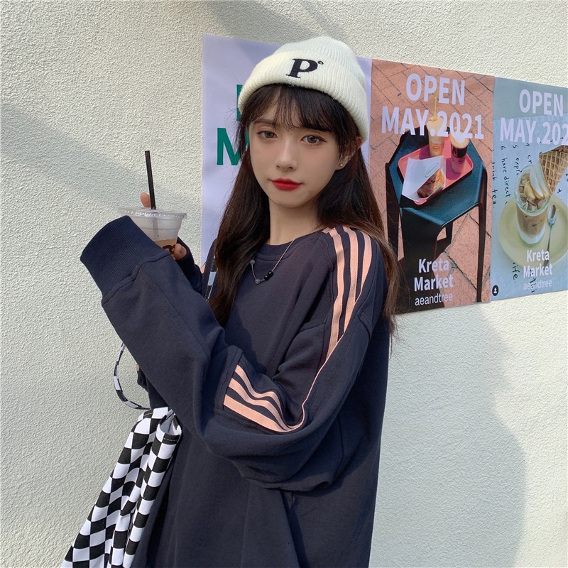 IELGY    Áo Sweater Mỏng Tay Dài Dáng Rộng Kẻ Sọc Xinh Xắn Cho Nữ