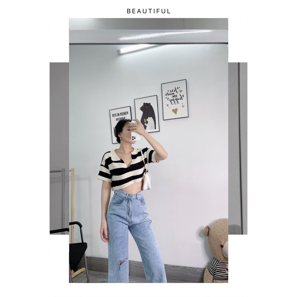 ( Freeship) Áó Croptop Nữ Len Dáng Cổ Bẻ Hottrend Shop Maika Jeans
