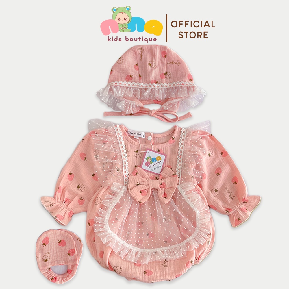 Bodysuit cho bé Màu hồng Nina Kids Boutique Body bé gái sơ sinh 0 24 tháng Set body xô muslin dâu tây Kèm Mũ và Bao chân