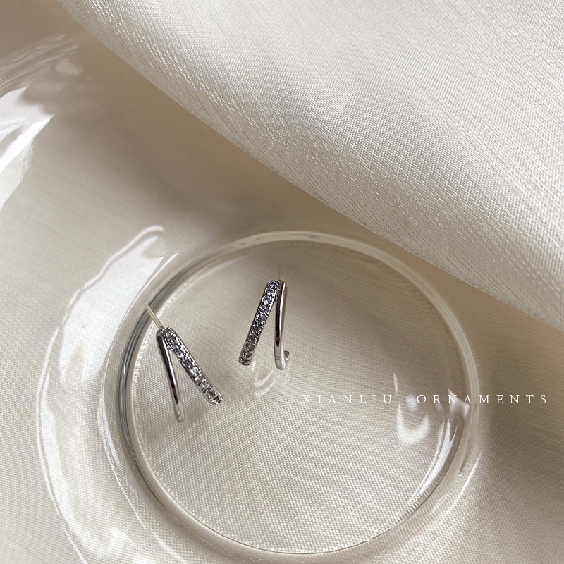 Bông Tai Mạ Bạc 925 Hình Chữ C Đính Đá Zircon Thời Trang Dành Cho Nữ