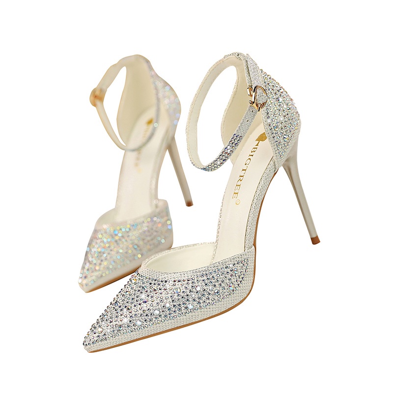 BIGTREE Chính Hãng Giày Cao Gót 10cm Mũi Nhọn Miệng Nông Đính Đá Lấp Lánh Phong Cách Hàn Quốc Cho Nữ  Mall-283-16