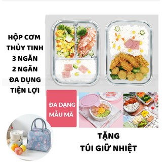 Hộp đựng cơm thủy tinh chia 3 và 2 ngăn đựng thức ăn, tặng túi giữ nhiệt Renata