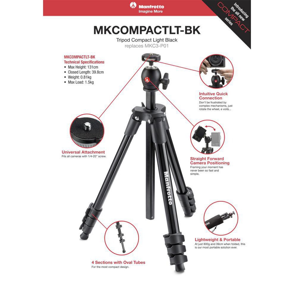 Chân máy ảnh Manfrotto Compact Light Aluminum (chính hãng)