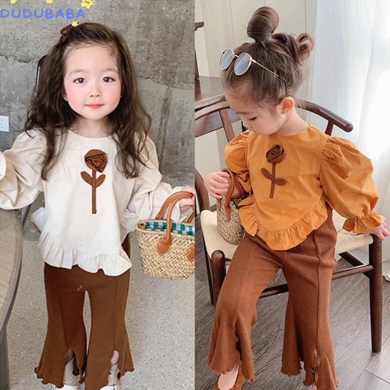 Set Áo Thun Dài Tay In Hoa + Quần Dài Ống Loe Xẻ Tà Thời Trang Mùa Thu Cho Bé Gái