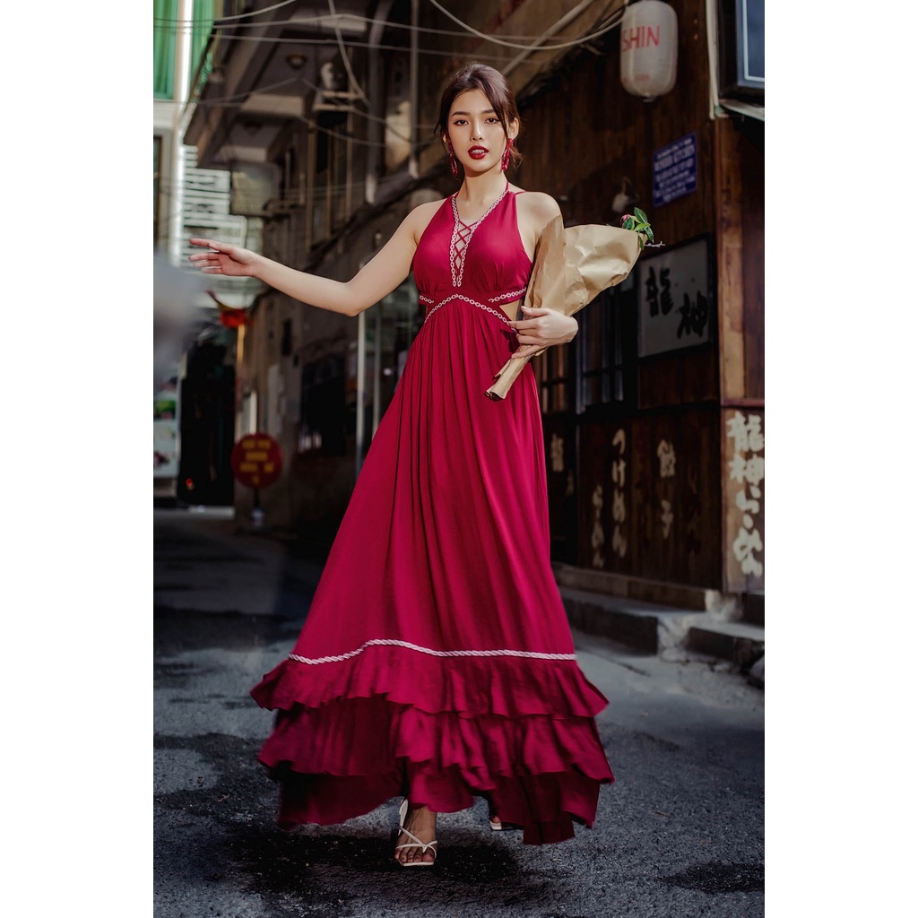 [Mã SKAMSALEP6 giảm 10% tối đa 100K đơn 150K] SÒ VINTAGE - UNA Đầm xòe phối ren cột dây