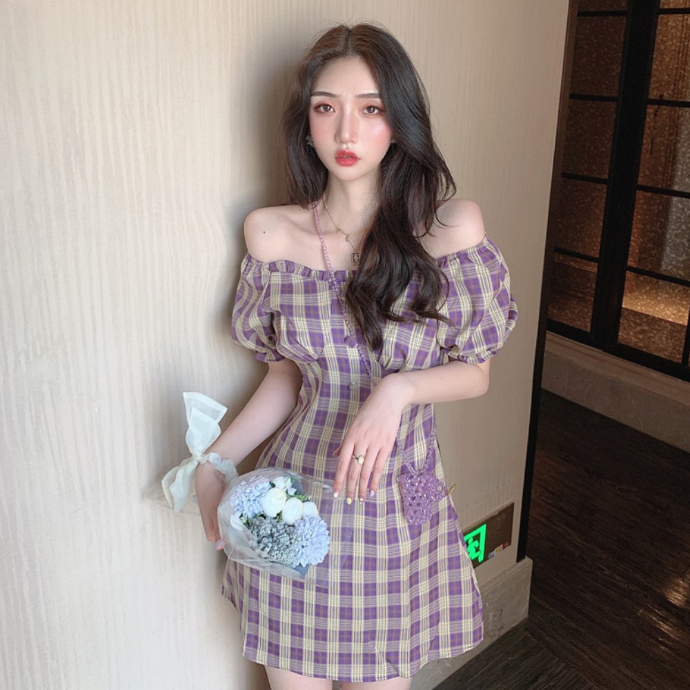 Đầm nữ , váy nữ dáng ôm tay bồng họa tiết caro phong cách retro ATILA SHOP | BigBuy360 - bigbuy360.vn