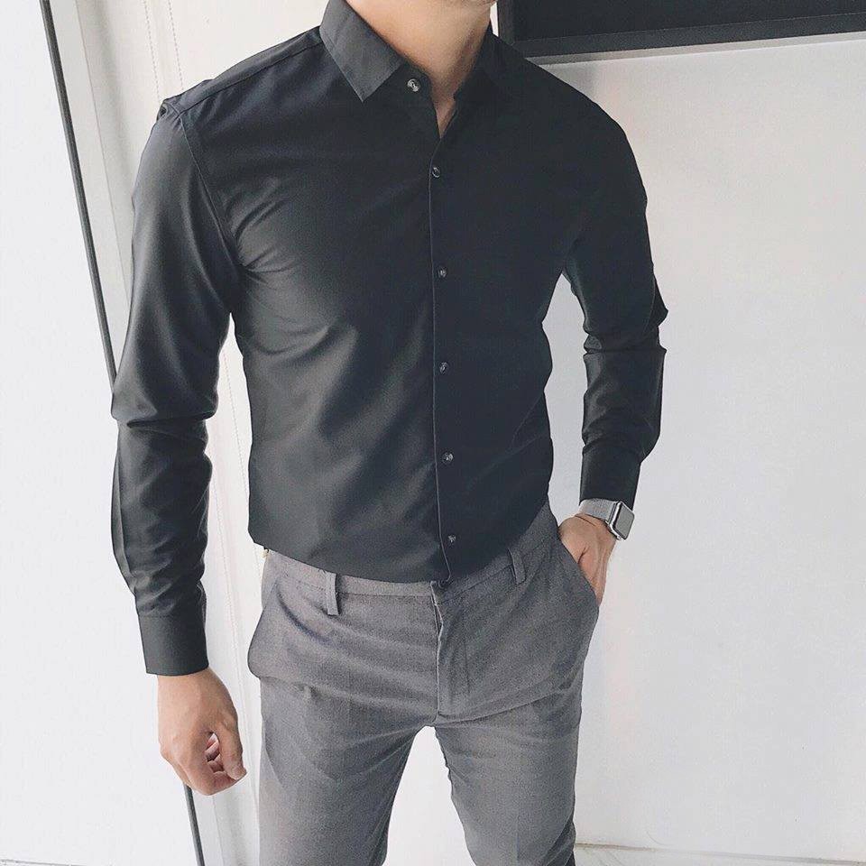 Áo sơ mi nam dài tay Mantoni màu Trắng Cúc Đen vải lụa không nhăn không phai siêu bền | BigBuy360 - bigbuy360.vn