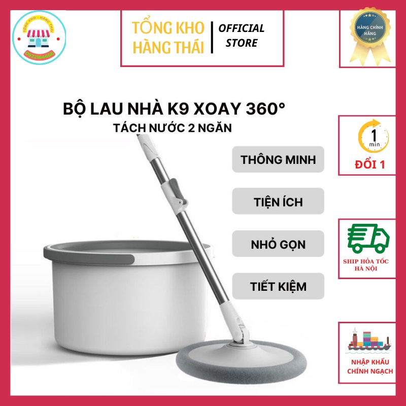 Chổi Lau Nhà Tự Vắt Thông Minh Tách Nước K9 Xoay 360 Độ, Cây Lau Nhà Thông Minh Cán Inox Kèm Thùng (SP002693)