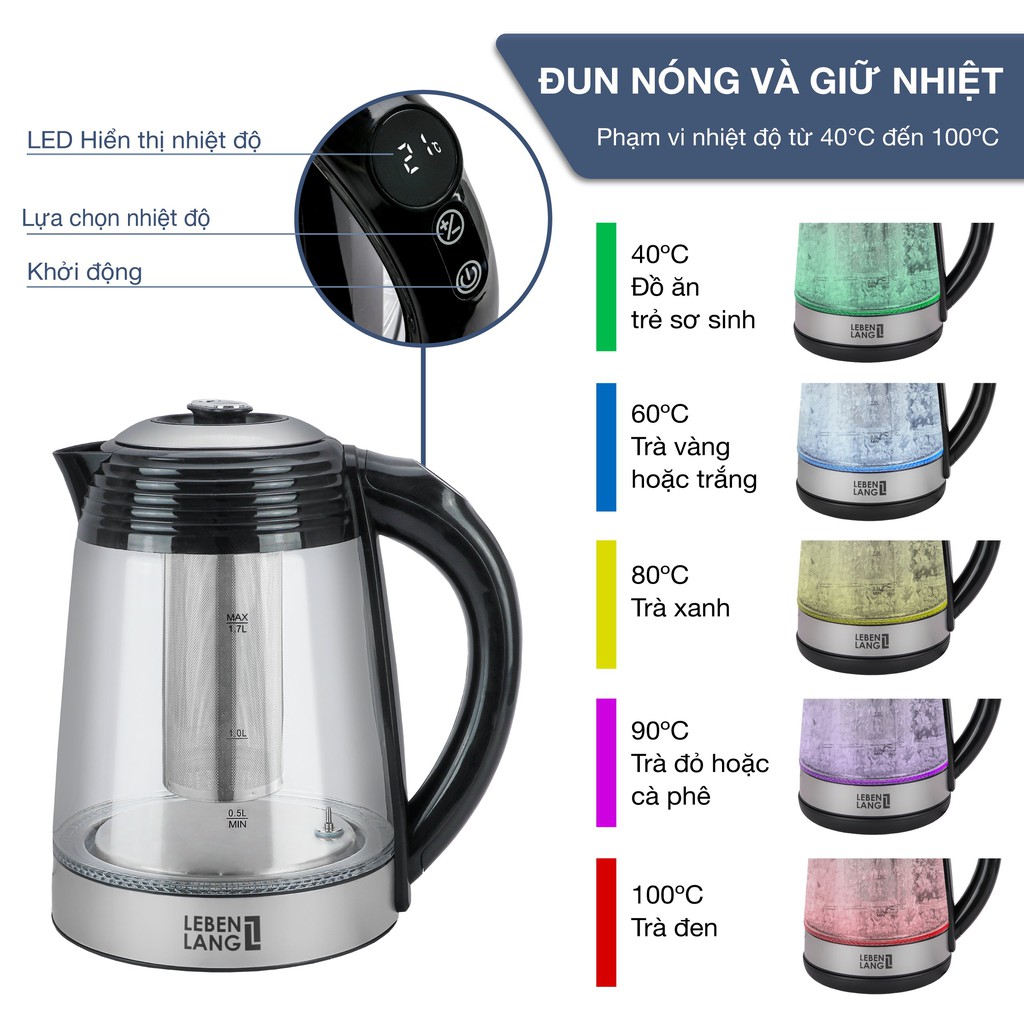 Ấm siêu tốc thủy tinh LEBENLANG LBT2676 điều khiển nhiệt độ đun, bảo hành đổi trả trong 2 năm