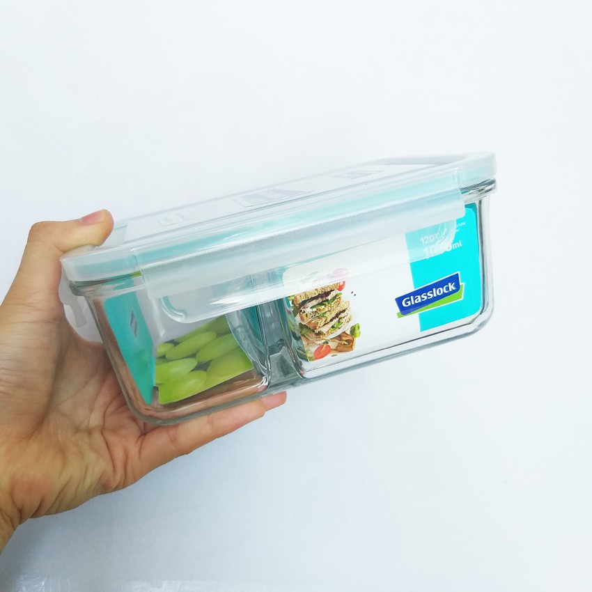 Bộ hộp cơm thủy tinh Glasslock 1000ml chia ngăn và 400ml Hàn Quốc túi cây thông - Larva Store
