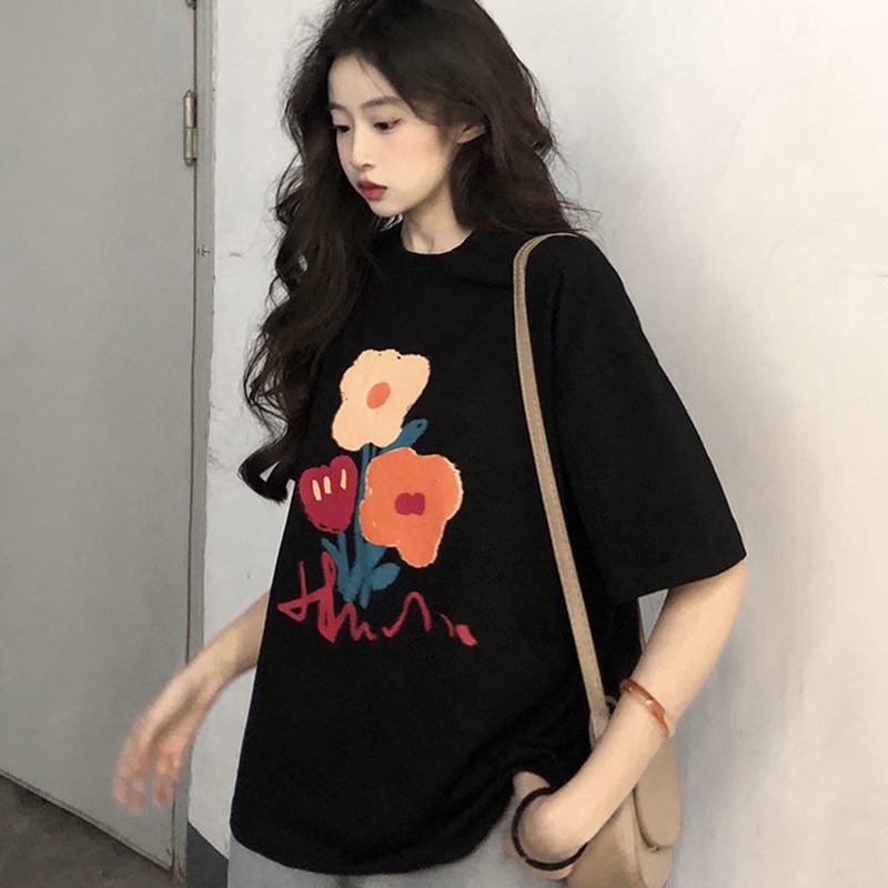 Áo thun IELGY tay ngắn dáng rộng màu đen in họa tiết graffiti cổ điển thời trang cho nữ