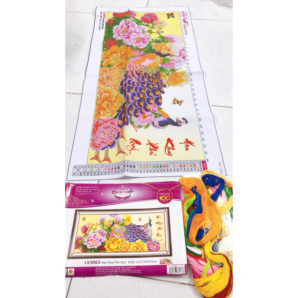 Tranh thêu chữ thập hoa khai phú quý KT:88x43cm,tranh chưa thêu.Tặng kéo và xỏ chỉ.