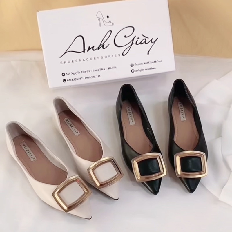 GB49 - Giày búp bê, giày bệt mũi nhọn da lì nơ khoá vuông siêu mềm dẻo hàng quảng châu cao cấp ( ảnh thật, kèm video)