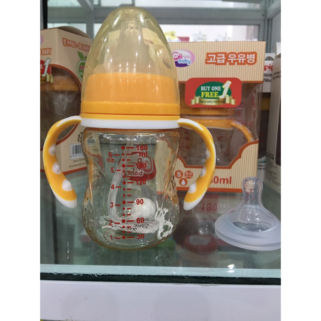 Bình sữa nhựa PPSU cao cấp cổ rộng GB BABY kèm tay cầm và van chống sặc 180ml - Hàn Quốc