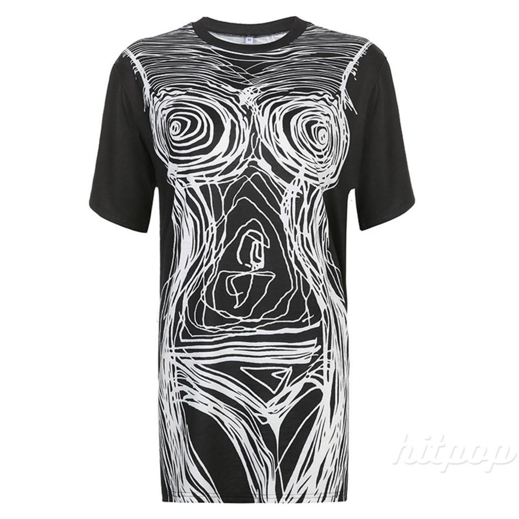 Hitpop-Women Long T-shirt Style Summer Dress, Round Neck Short Sleeve Print Pattern Casual Loose Fit One Piece Garment